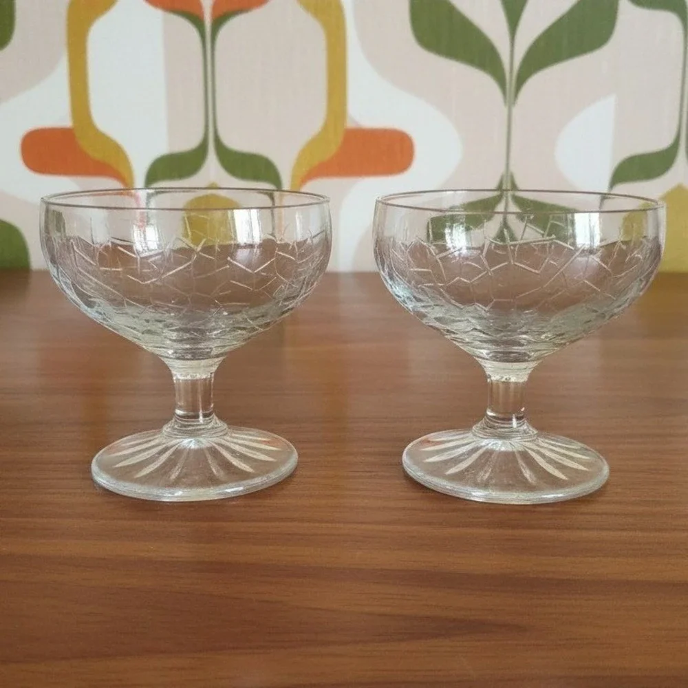 LE Smith Crackle Sherbet Glasses, Set of 2, Vintage Clear Dessert Cups, Stemware